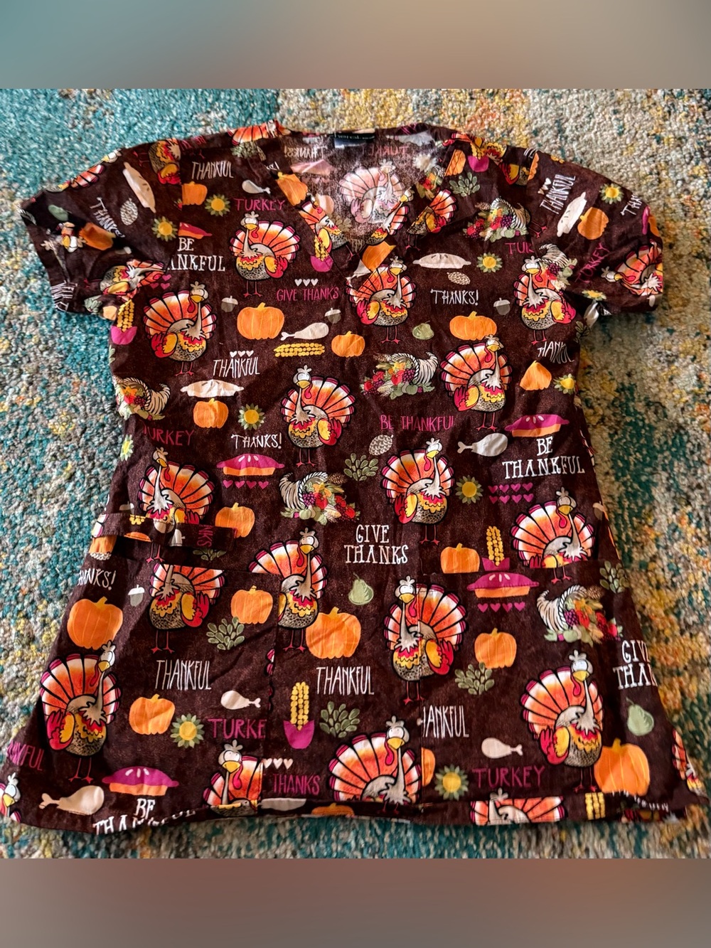 Cherokee Thanksgiving Turkey Print Scrub Top